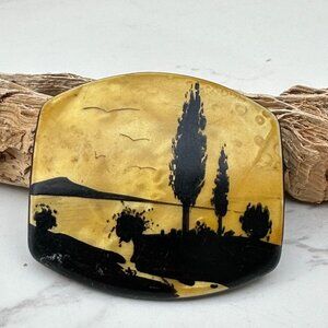 Early 1900s Painted Silhouette Brooch Yellow & Black Featuring Scenic Landscape